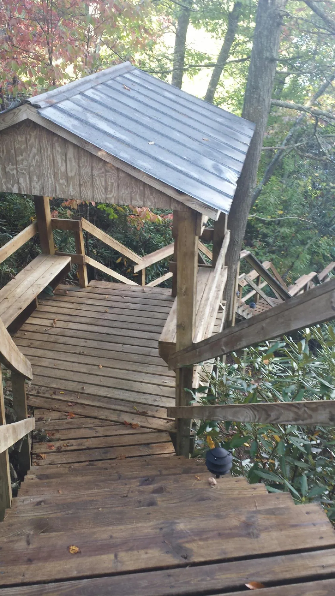 Metal roofed shelter over wooden steps on a wooded walkway — Skylight Repair & Installation work by our crew in Penn Yan